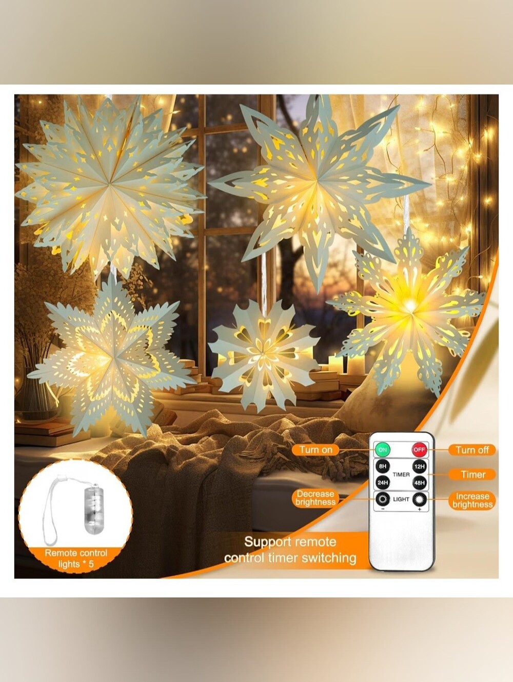 5 Pack Paper Snowflake Lanterns Christmas Ornaments Decorations Lights Remote